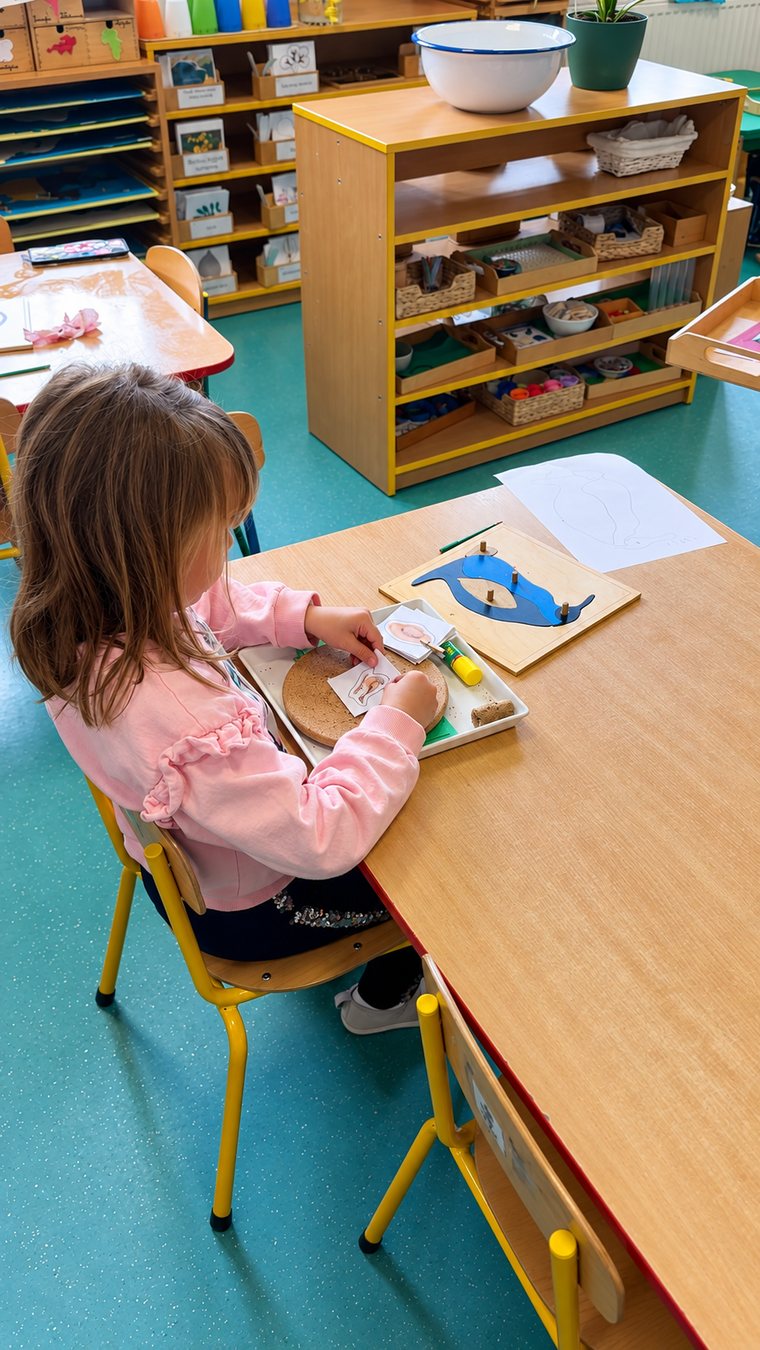 Dziewczynka przy stoliku pracująca z materiałem Montessori